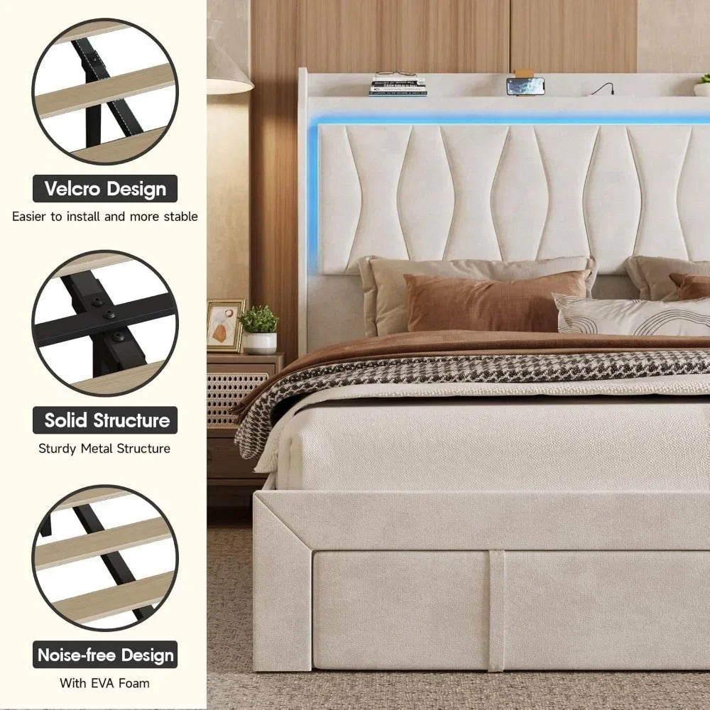 Bed Frame Queen Size or King Size with LED Light and 3 Drawers Storage, Charging Station Wingback Tall Headboard, Upholstered Velvet Platform Bed Frame