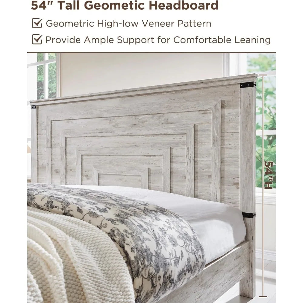 Bed Frame Queen or Full Size with 54" Tall Geometric Headboard, 2 Large Storage Drawers, Solid Wood Slats Support, Noise Free, No Box