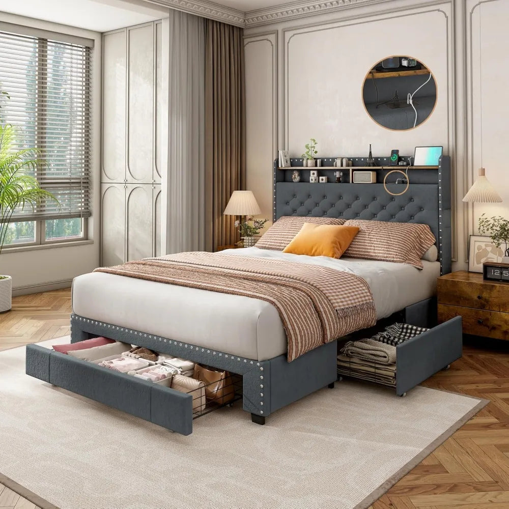 Bed Frame King Size or Queen Size or Full Size with 3 Drawers, 2-Tier Storage Headbord, LED Lights and Charging Station, Upholstered Platform Bed Frame