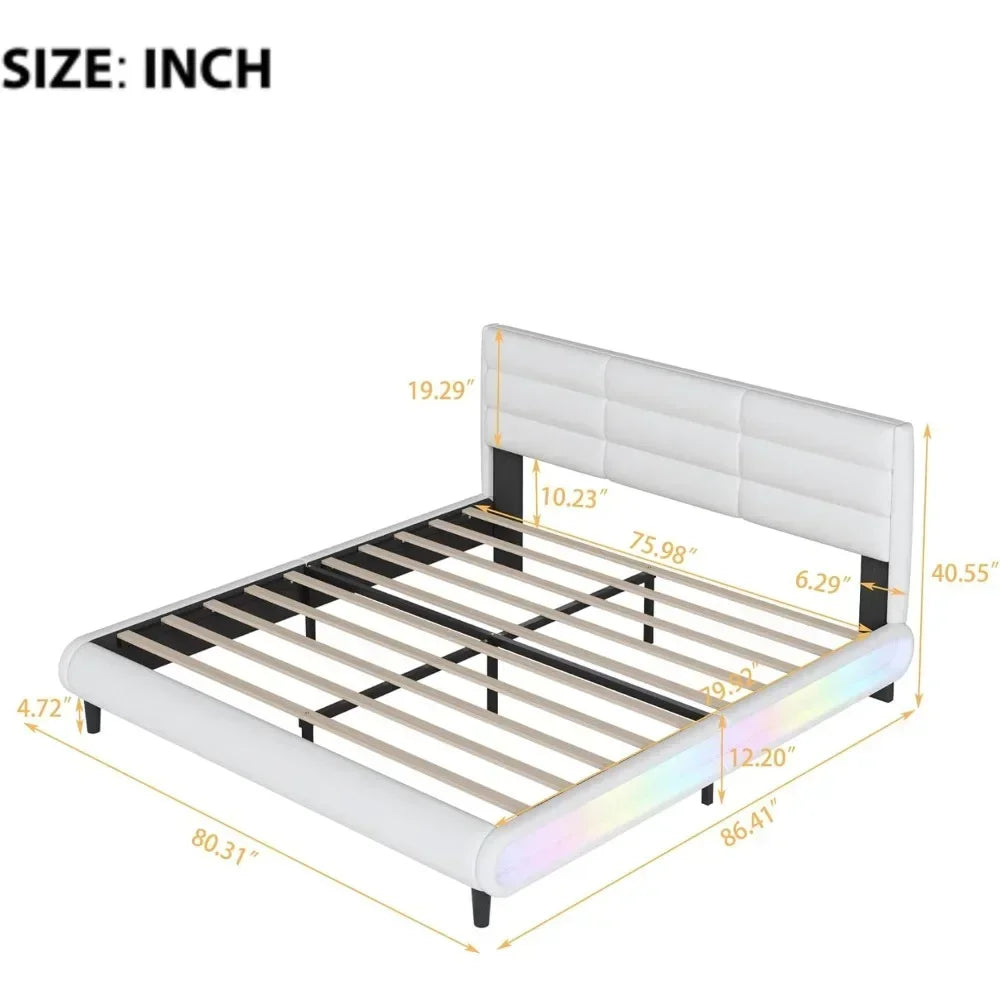 Upholstered Platform King Size Bed with LED Light Strips, Bed Frame with Headboard & Slat Support，No Box Spring Needed，Bed Frame