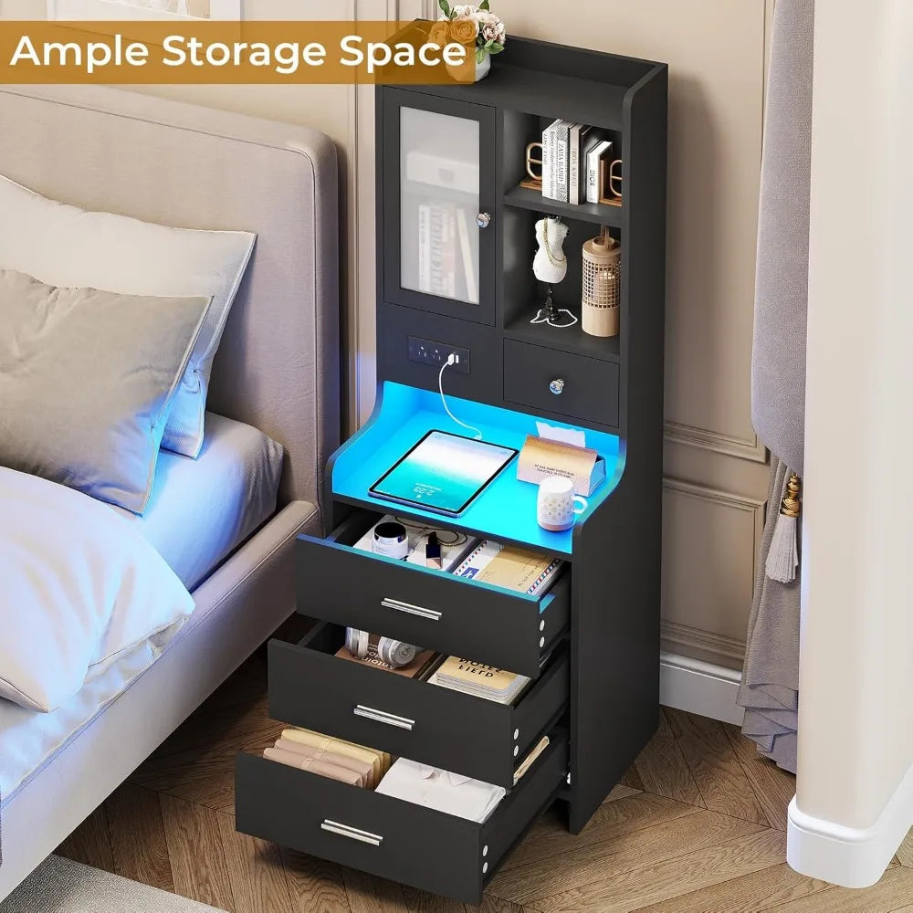 End Tables or Night Stands, Set of 2 with LED & Charging Station, Tall Bedside Table with Drawers & Shelves, End Side Table with Lights & Storage