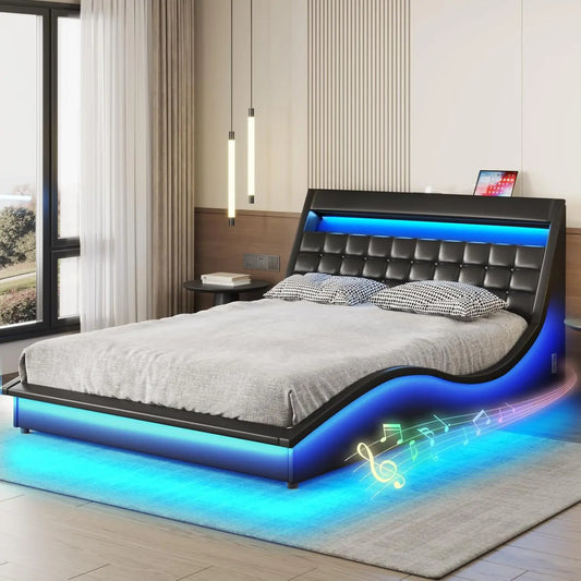 Bed Frame Queen Size or Full Size with Wave-Like Curve Design PU Leather Upholstered Platform Bed Frame with Charging Station&LED Lights