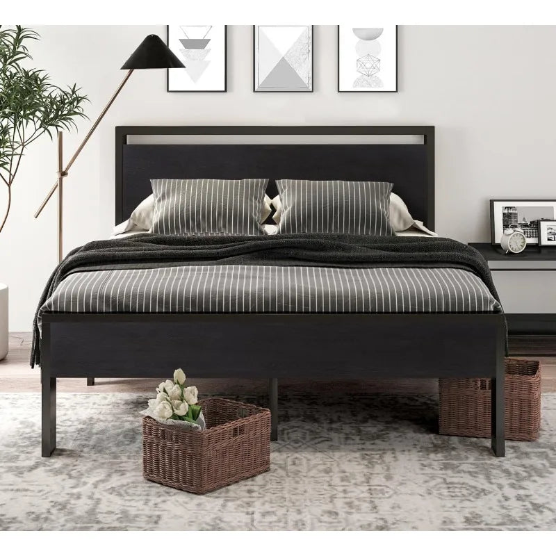 Bed Frame Metal Platform King Size, Queen Size or Full Size with Wooden Headboard and Footboard, Mattress Foundation, No Box Spring Needed