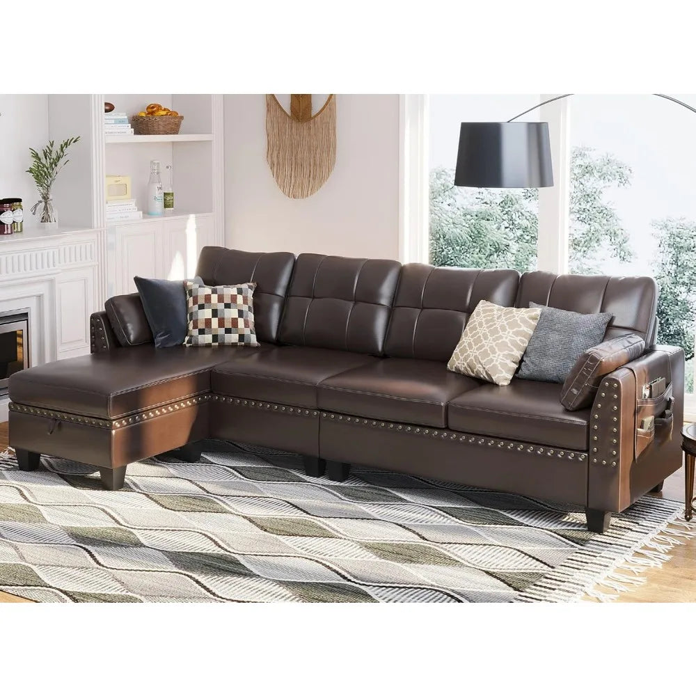 Living Room Leather Sectional Sofa Couch Reversible L Shaped Couch Sofa 4 Seat Sofa Sectional Couch for Small Apartment