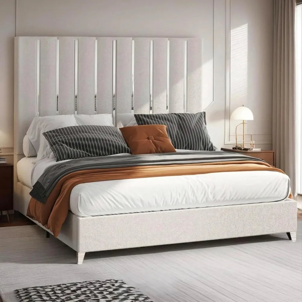 Bed Frame King Size or Queen Size, 58" Tall Headboard, Silver Plating Trim, Sturdy Beds No Box Spring Needed,Velvet Upholstered Platform Bed Frame