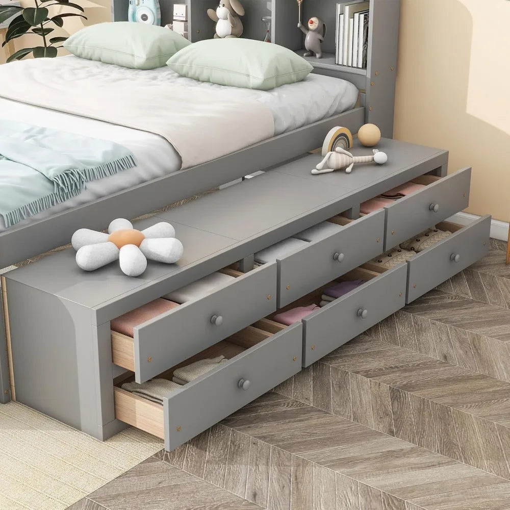 Bed Frame Wood Full Size with Storage, Bookcase Headboard, Platform Bed with 6 Storage Drawers, with Cabinet