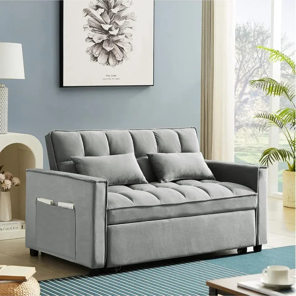 Living Room Modern Velvet Couch w/Pullout Bed, Small Love Seat Lounge Sofa w/Reclining Backrest, Toss Pillows, Pockets, Furniture