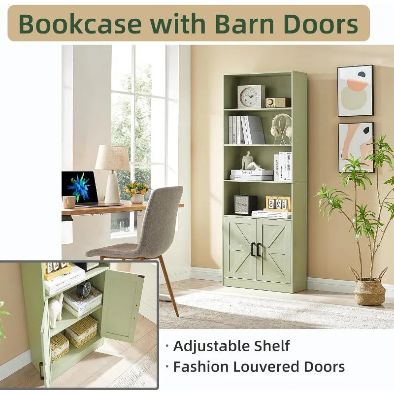 Bookshelf 70in Tall, 6 Tier Bookcase with Barn Doors and Adjustable Shelf, Green Farmhouse Book Shelves Storage Cabinet