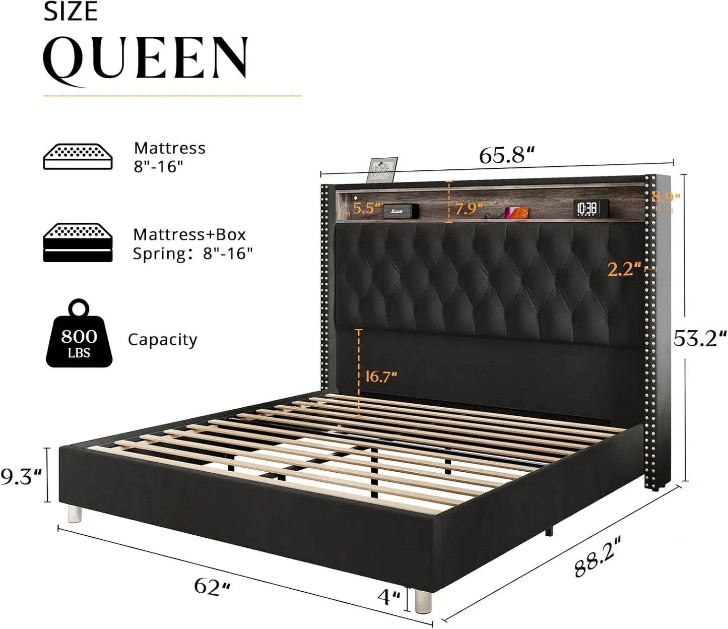 Bed Frame Queen Size with 53.6'' Tall Headboard LED Lights and Charging Station, Velvet High Upholstered Platform Bed Wingback Storag