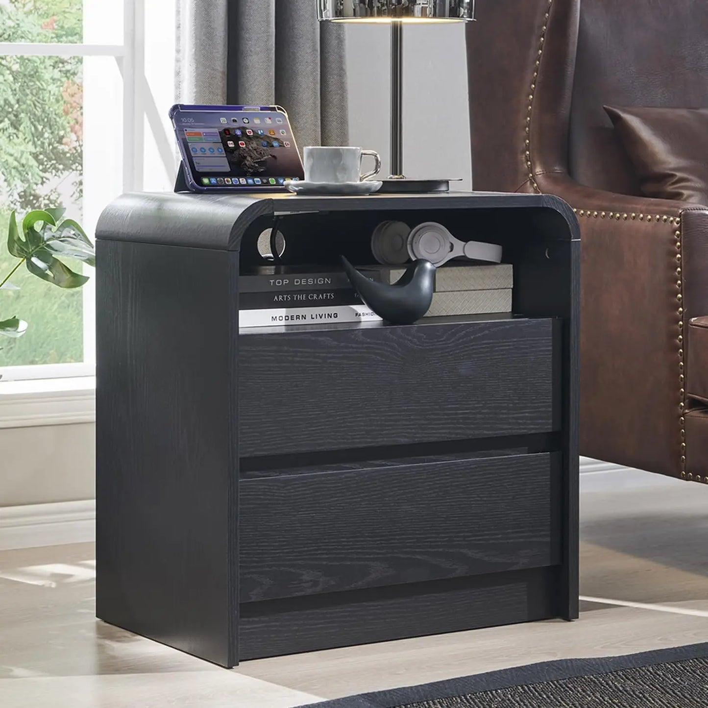 Modern Nightstand with Charging Station, 23.6'' Wide Wood Bedside Table w/2 Storage Drawers, for Bedroom, Living Room 25" Tall