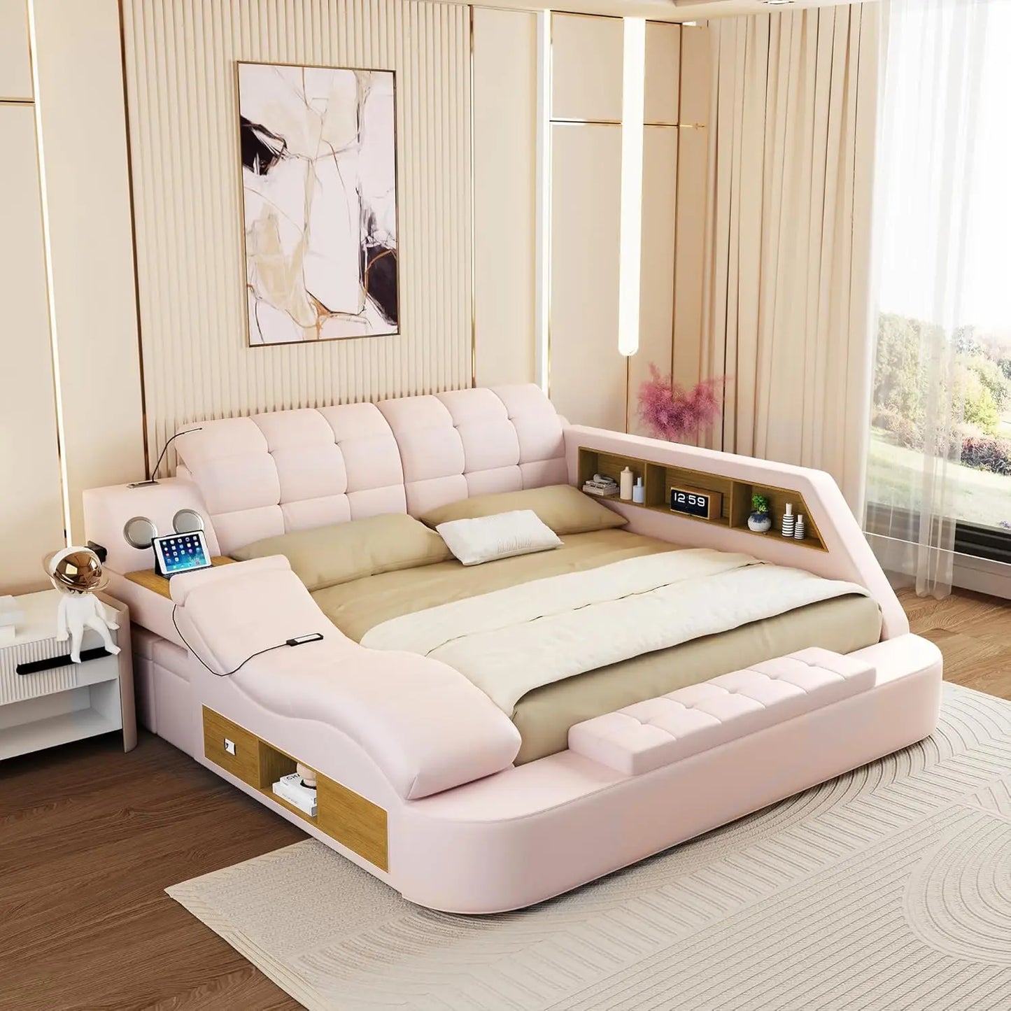 Luxury Smart King Size or Queen SizeBed Frame, Multifunction Bed Frame Upholstered Platform with Massage Recliner/Bluetooth Speaker/USB Charging