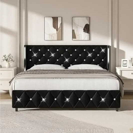 Bed Frame King Size or Queen Size or Full Size with Wingback, Upholstered Beds Frames with Diamond Tufted Headboard and Footboard, No Box Spring Needed