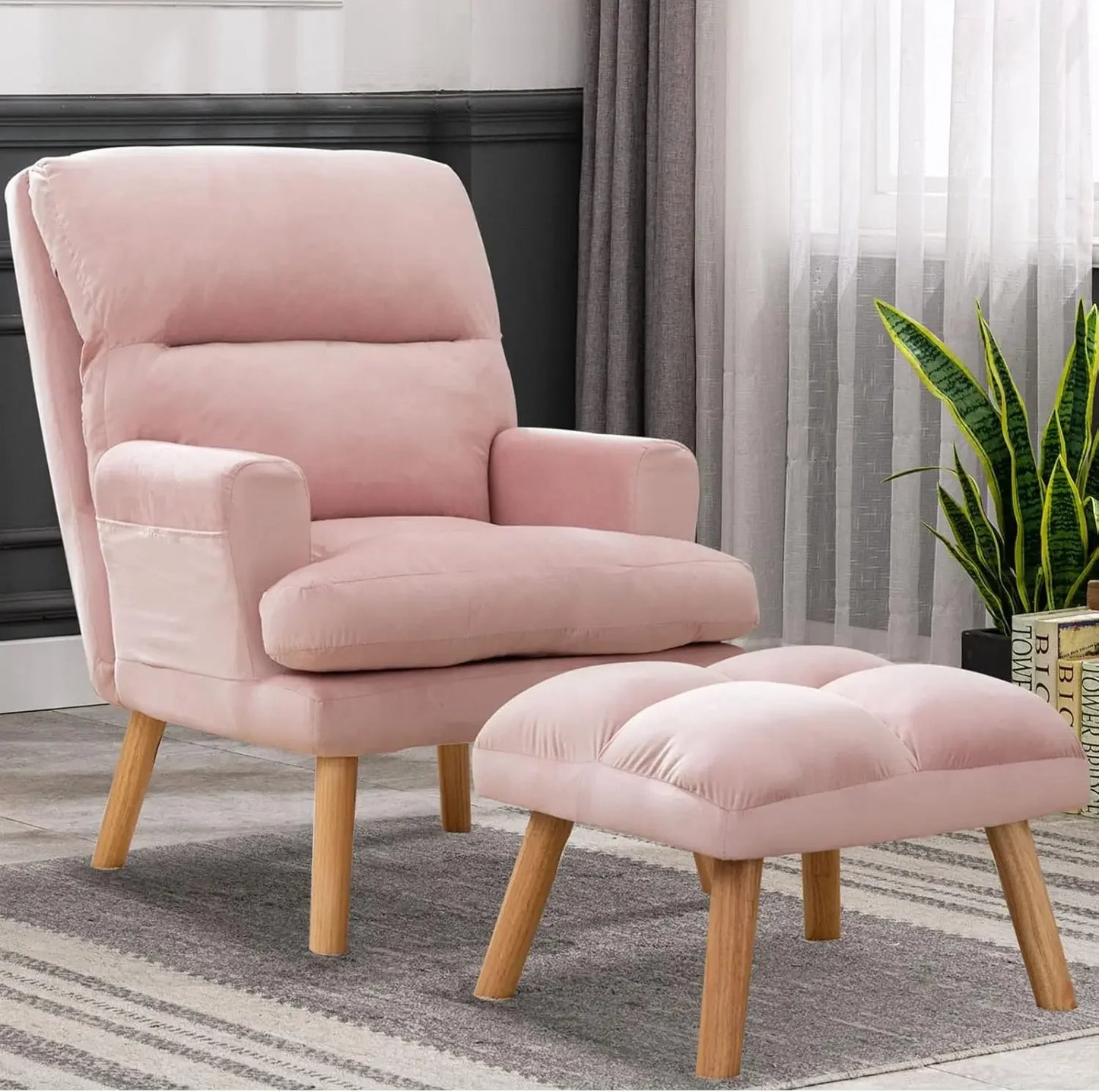 Chair Modern Accent Chair with Ottoman, Soft Fabric Armchair with Adjustable Backrest and Side Pockets, Comfy Lounge Chair