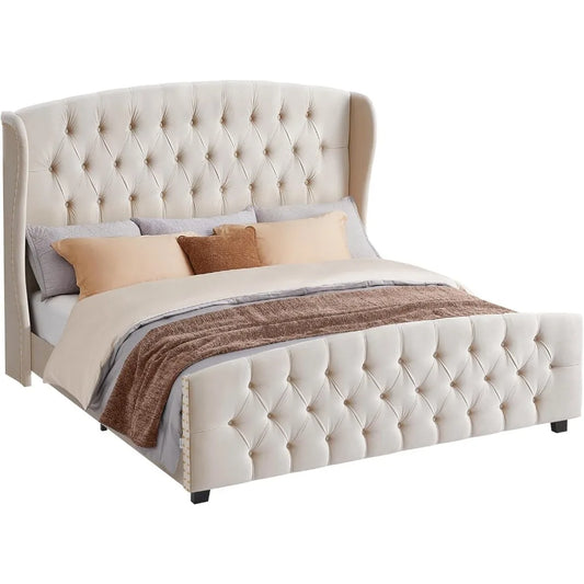 Bed Frame Queen Size or King Size with Tall Headboard, Upholstered Platform Bed Frame King Size, with Wingback Tufted Headboard and Footboard