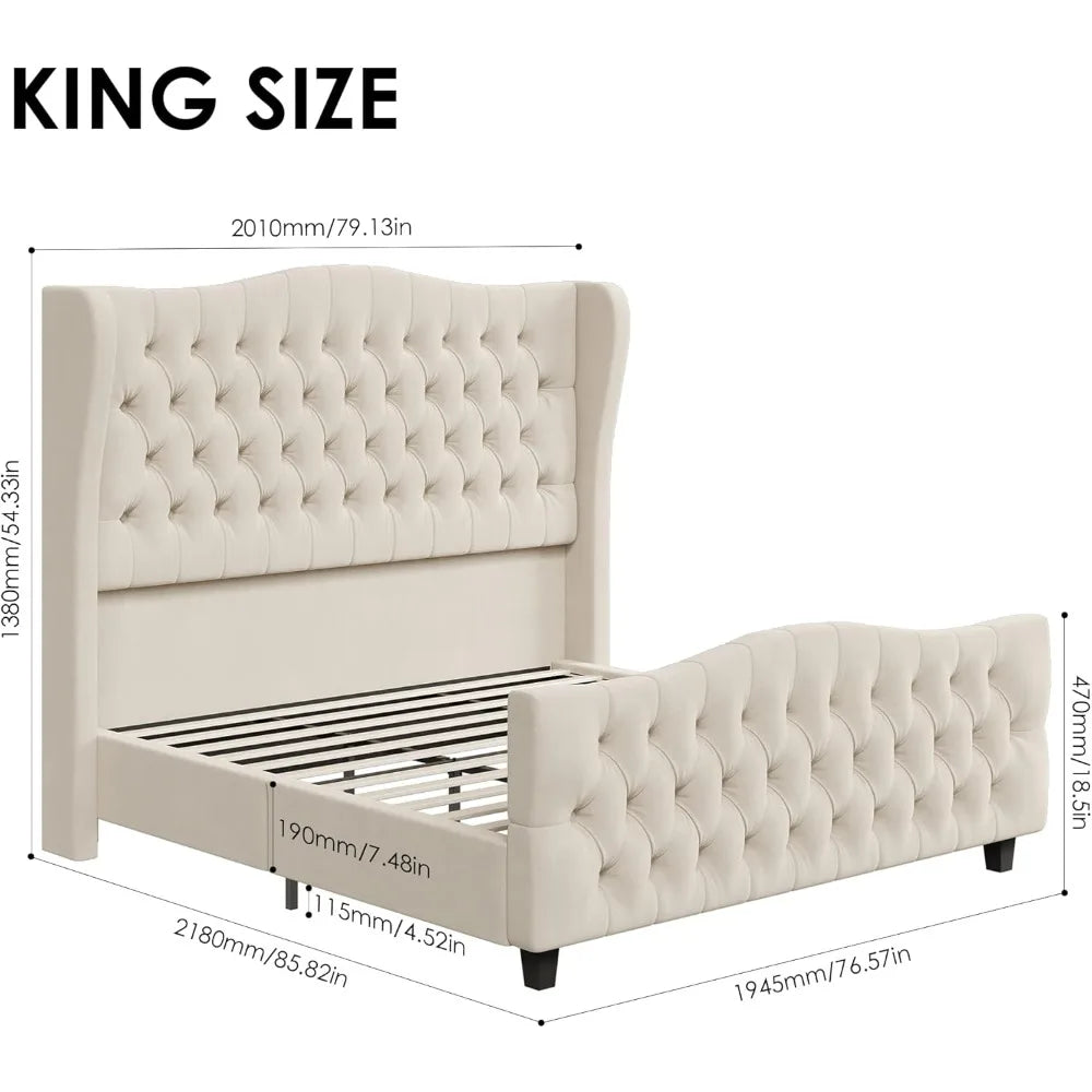 Bed Frame King Size Tall Headboard 54.3", Platform with Deep Button Tufted Wingback Headboard and Footboard, Velvet Upholstered