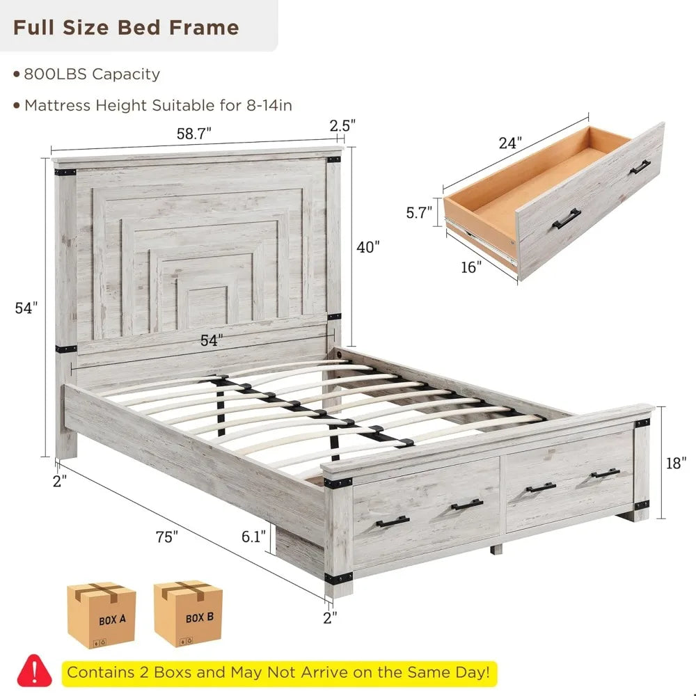 Bed Frame Queen or Full Size with 54" Tall Geometric Headboard, 2 Large Storage Drawers, Solid Wood Slats Support, Noise Free, No Box