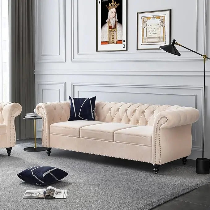 Living Room Accent Large Sofa, Chesterfield Couch 3-Seater Modern Velvet Couch Upholstered Sofa with Tufted Back for Living Room Furniture