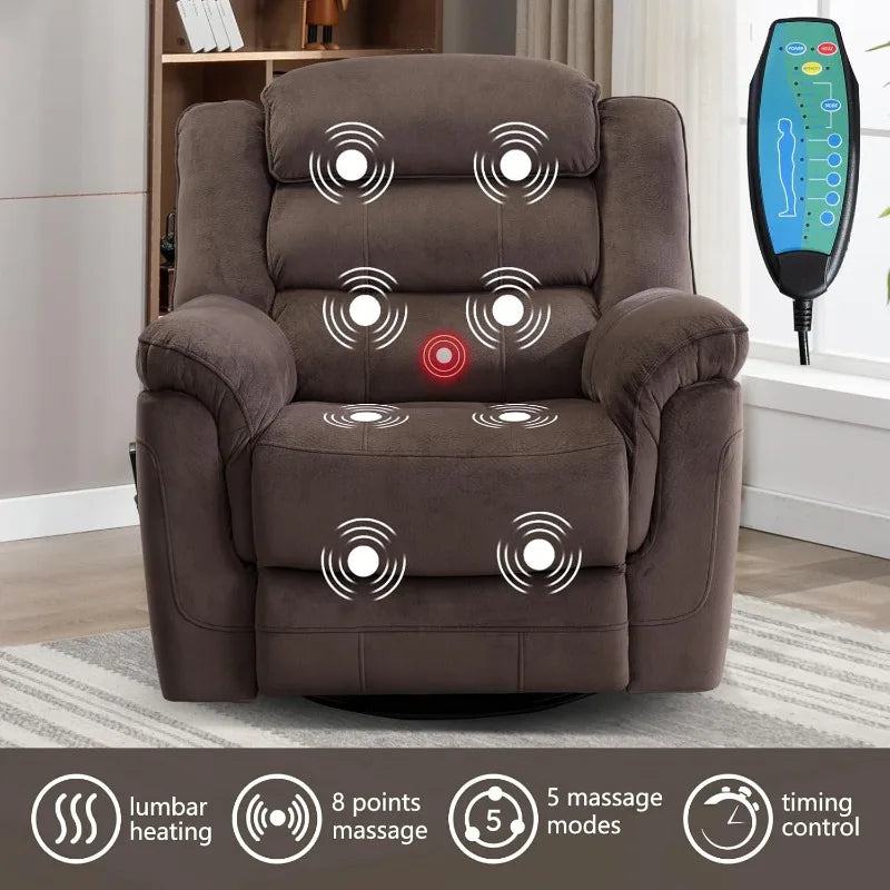 Chair Swivel Rocker Recliner with Massage and Heat, 360° Swivel Recliner Chairs for Adults Recliner, Overstuffed Backrest and Seat