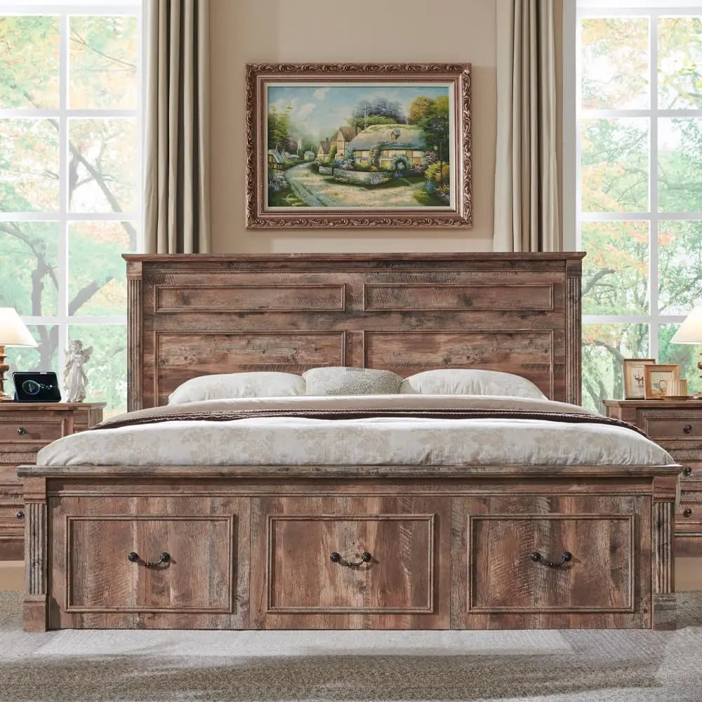 Farmhouse King Size Bed Frame with Roman Column Decoration,with 51" Tall Headboard, Wood Bed Frame with 20" Tall Footboard.