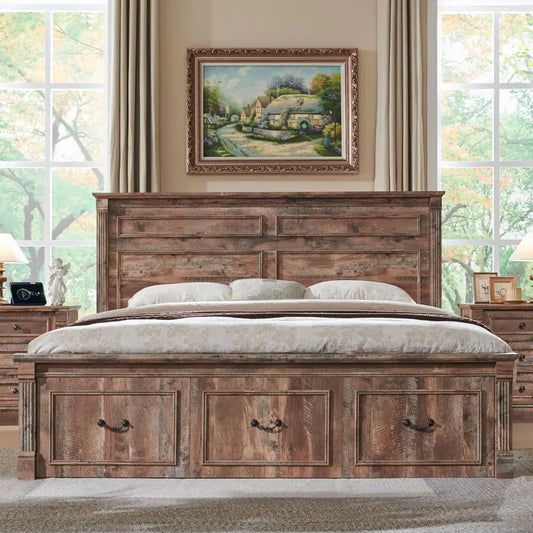 Farmhouse King Size Bed Frame with Roman Column Decoration,with 51" Tall Headboard, Wood Bed Frame with 20" Tall Footboard.