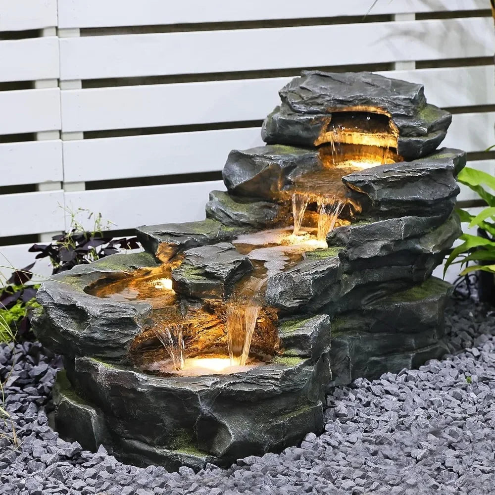 Garden Outdoor Water Fountain, Floor Standing Tiers Rock Natural Waterfall Outdoor Fountains with LED Lights 37" L