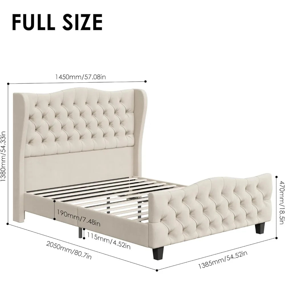 Bed Frame King Size or Queen Size or Full Size with Velvet Upholstered Deep Button Tufted Wingback Headboard and Footboard, No Box Spring Needed, King Bed Frame