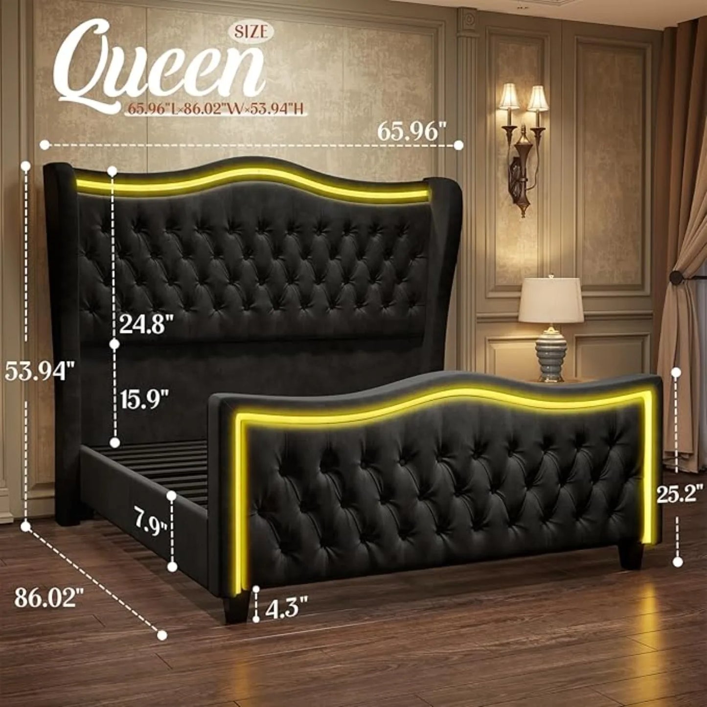 Bed Frame King Size or Queen Size w/LED Lights, 53'' Upholstered Platform Wingback Bed w/Handmade Deep Button Tufted Headboard Footboard