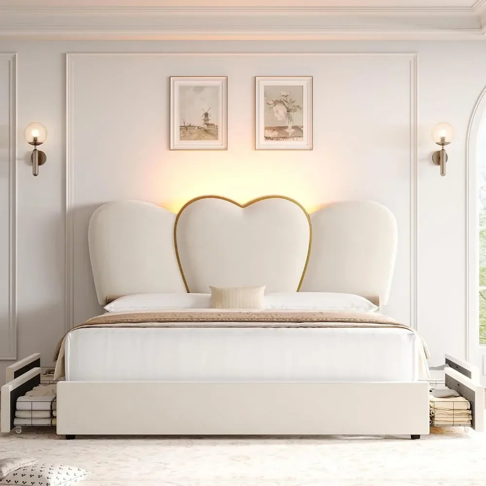 Bed Frame King LED with 4 Storage Drawers, Modern Velvet Upholstered Platform Bed with 55 Tall Heart Shaped Headboard, Beige Bed