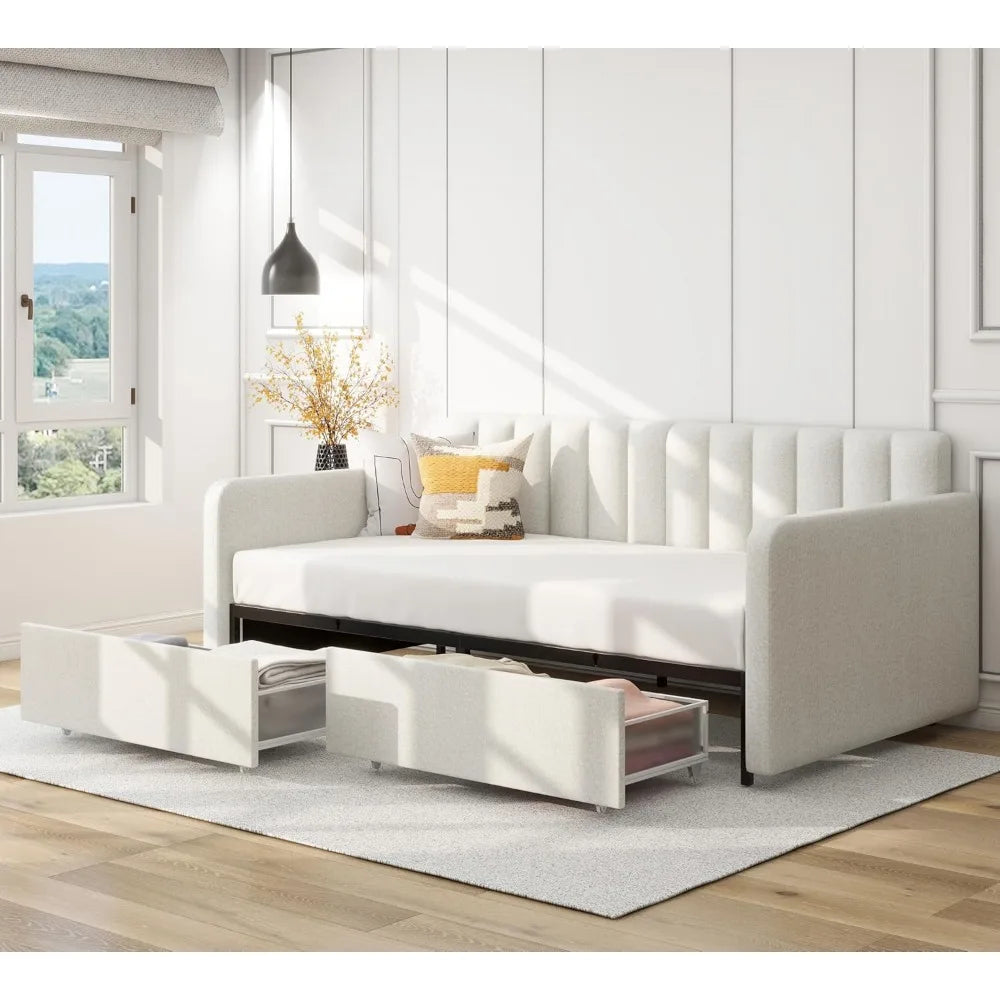 Family Double sofa Bed for Children - bunched sofa bed frame with storage living room bedroom - upholstered in white or beige