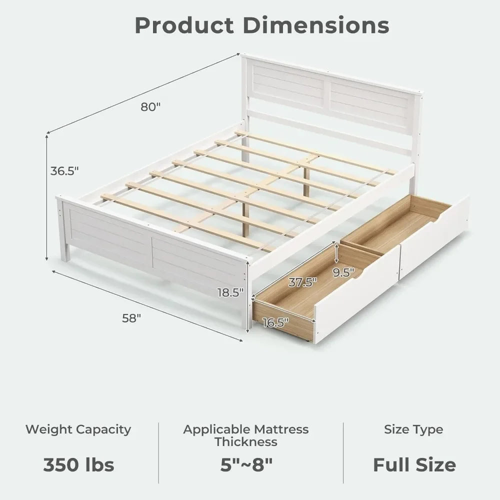 Bed Frame Full Size or Twin Size with 2 Storage Drawers, Solid Wood Platform Bed with Headboard, No Spring Needed, Wood Bed Frame