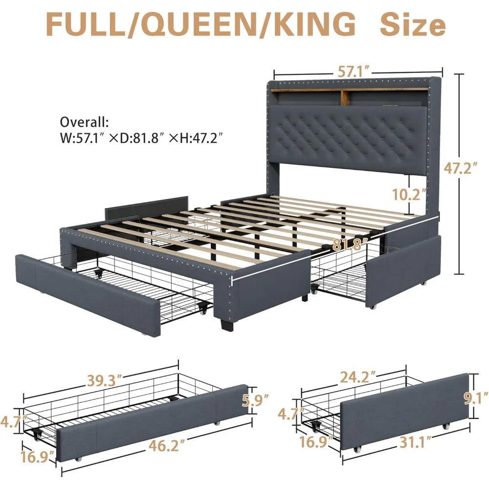 Bed Frame King Size or Queen Size or Full Size with 3 Drawers, 2-Tier Storage Headbord, LED Lights and Charging Station, Upholstered Platform Bed Frame