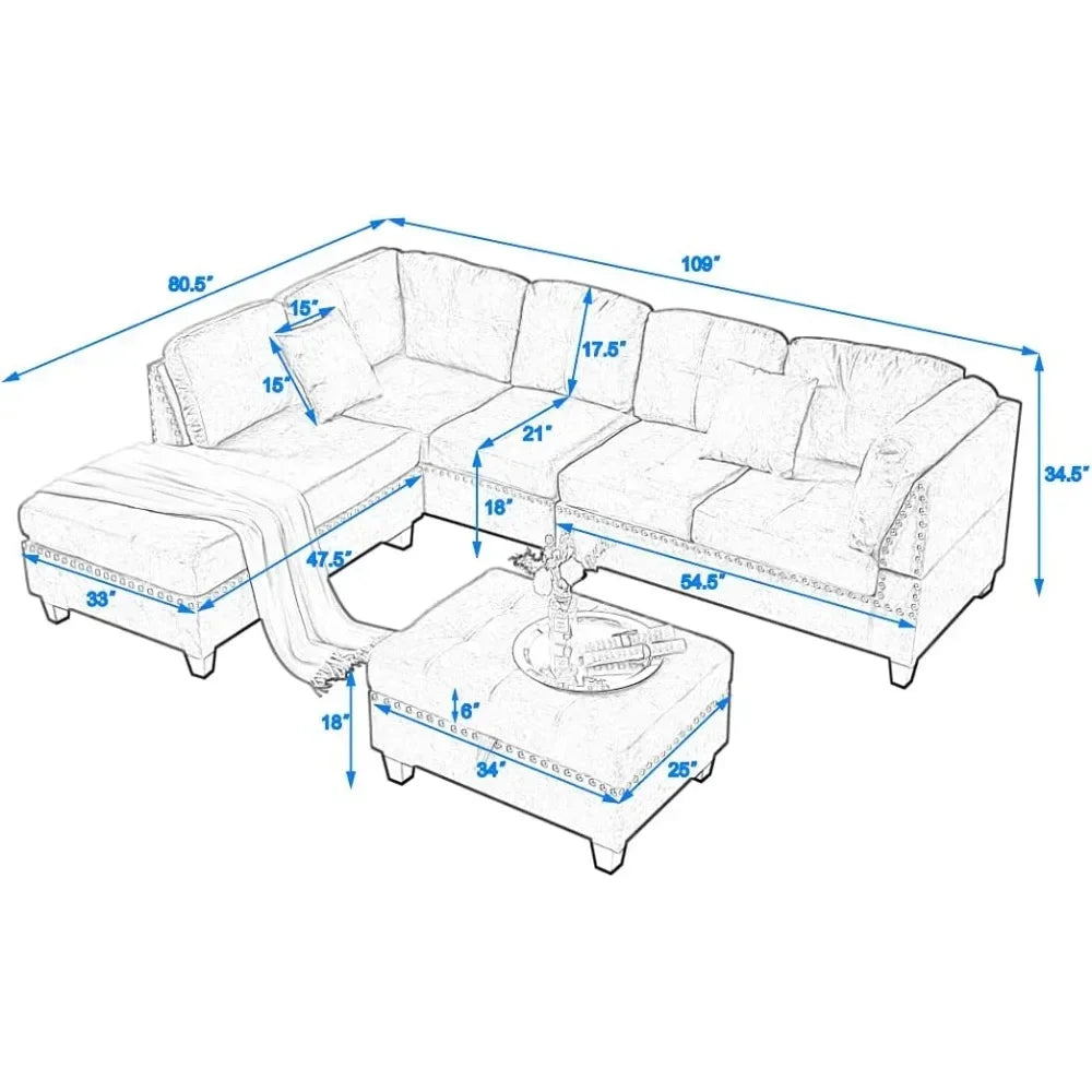 Living Room Modular Sectional Sofa Set, L-Shape Couch Set with Storage Ottoman and Two Small Pillow,Sofas & Couches with Reversible Chaise