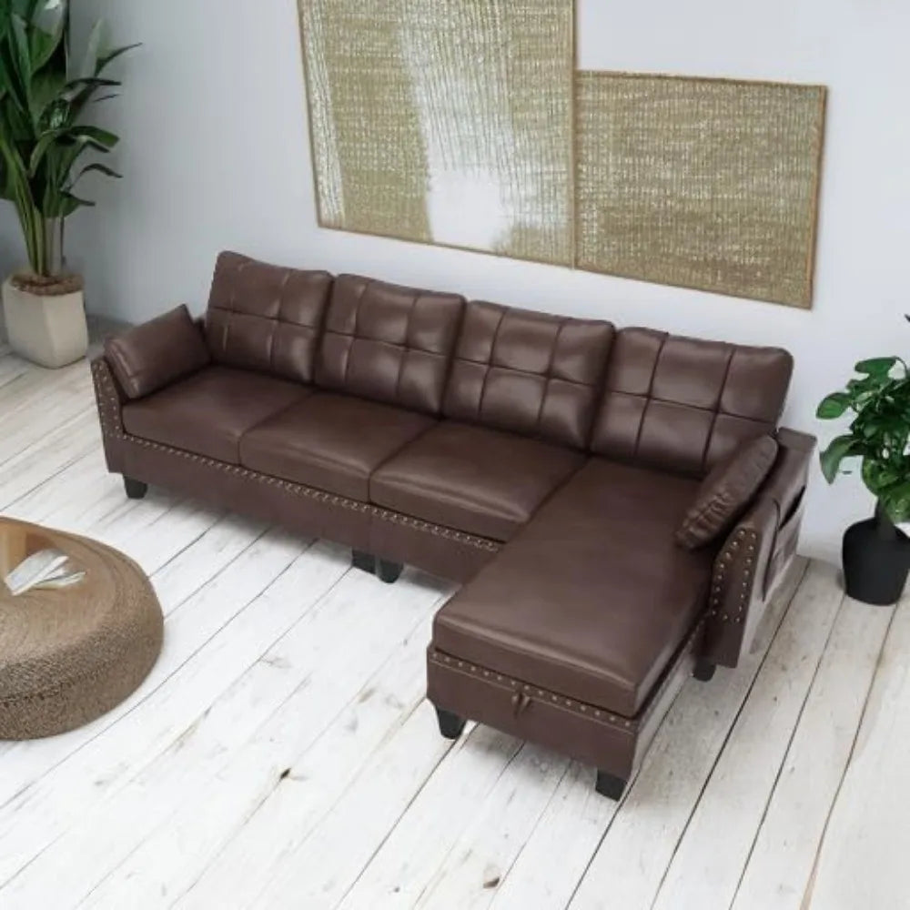 Living Room Leather Sectional Sofa Couch Reversible L Shaped Couch Sofa 4 Seat Sofa Sectional Couch for Small Apartment