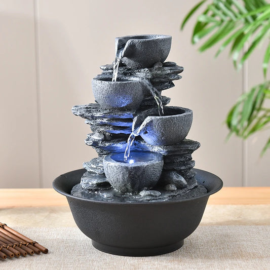 Indoor Electric Tabletop Fountain with LED Lights - Decorative Tiered Rock and Waterfall Design Quiet Soothing Water Sound