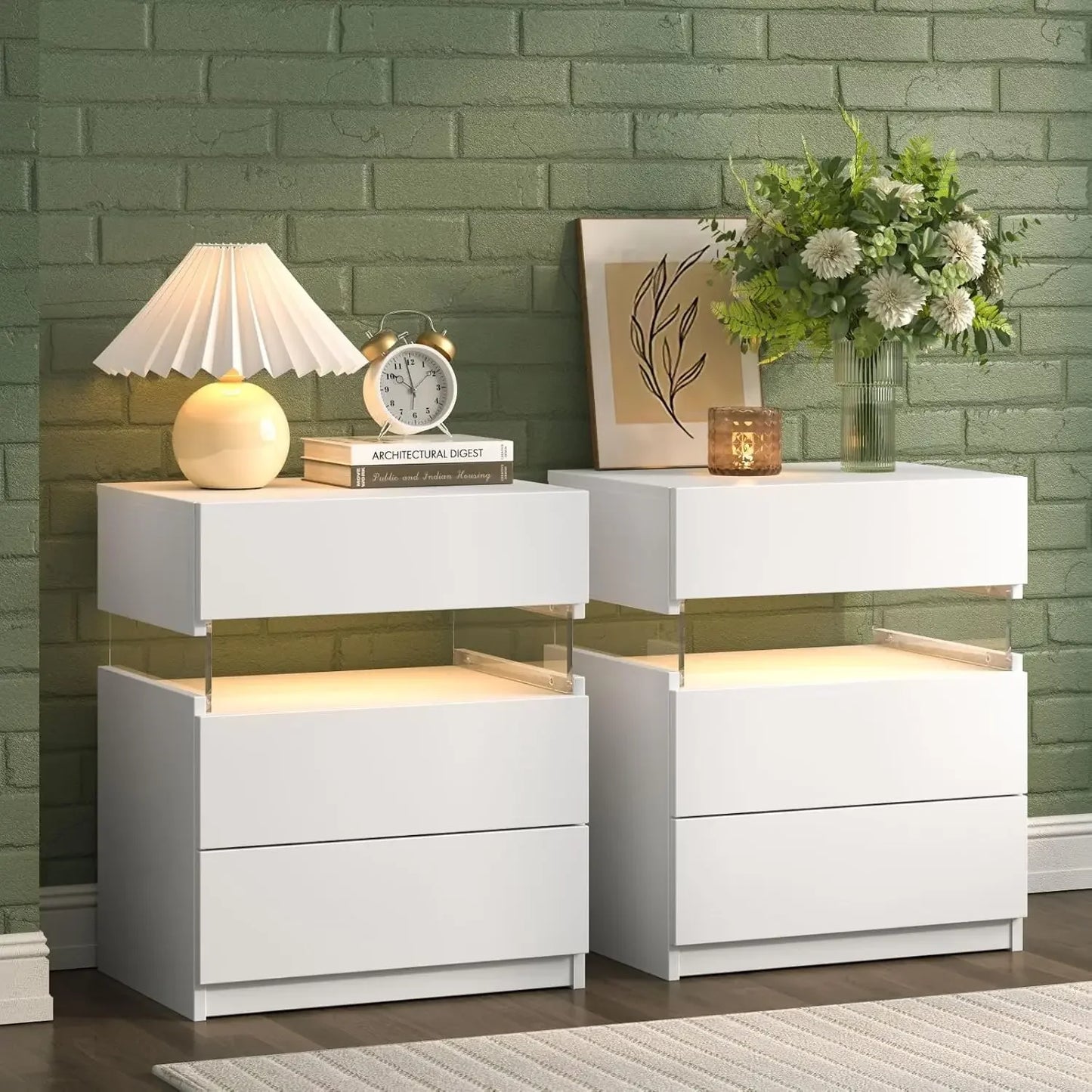 End Table or Nightstand, 3 Drawers Modern  Bedside Table End Side Table for Bedroom LED Night Stand