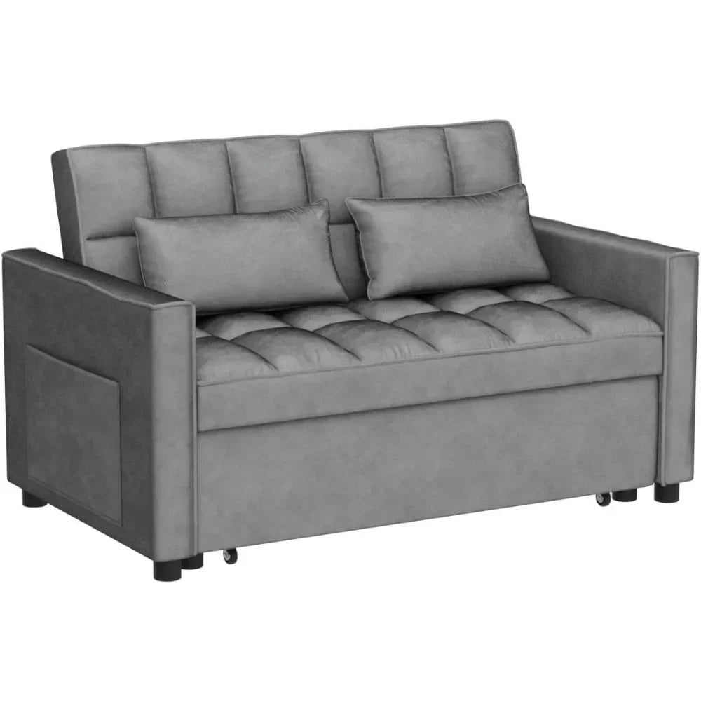 Living Room Modern Velvet Couch w/Pullout Bed, Small Love Seat Lounge Sofa w/Reclining Backrest, Toss Pillows, Pockets, Furniture