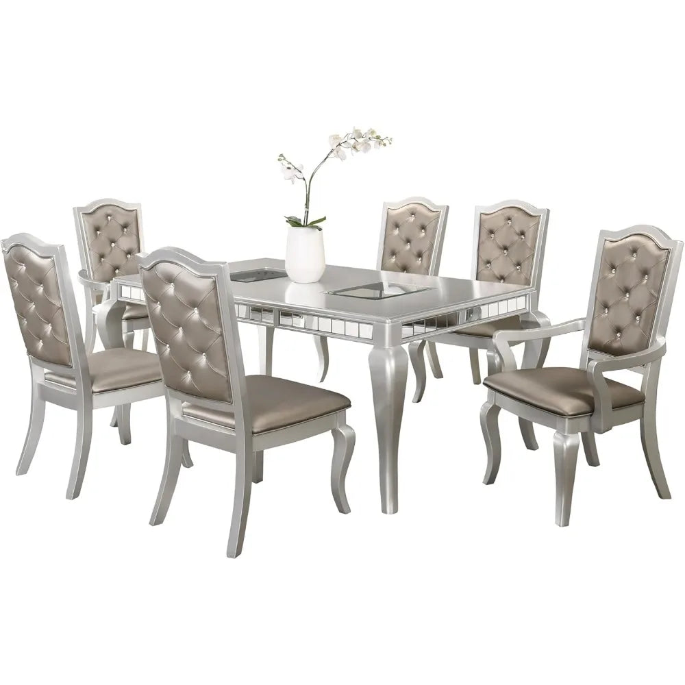 Dining Room Set 7-Piece Set Includes Silver Mirror Trim Rectangular Dining Table with 6 Button Chair in Champagne, Luxurious Furniture Set