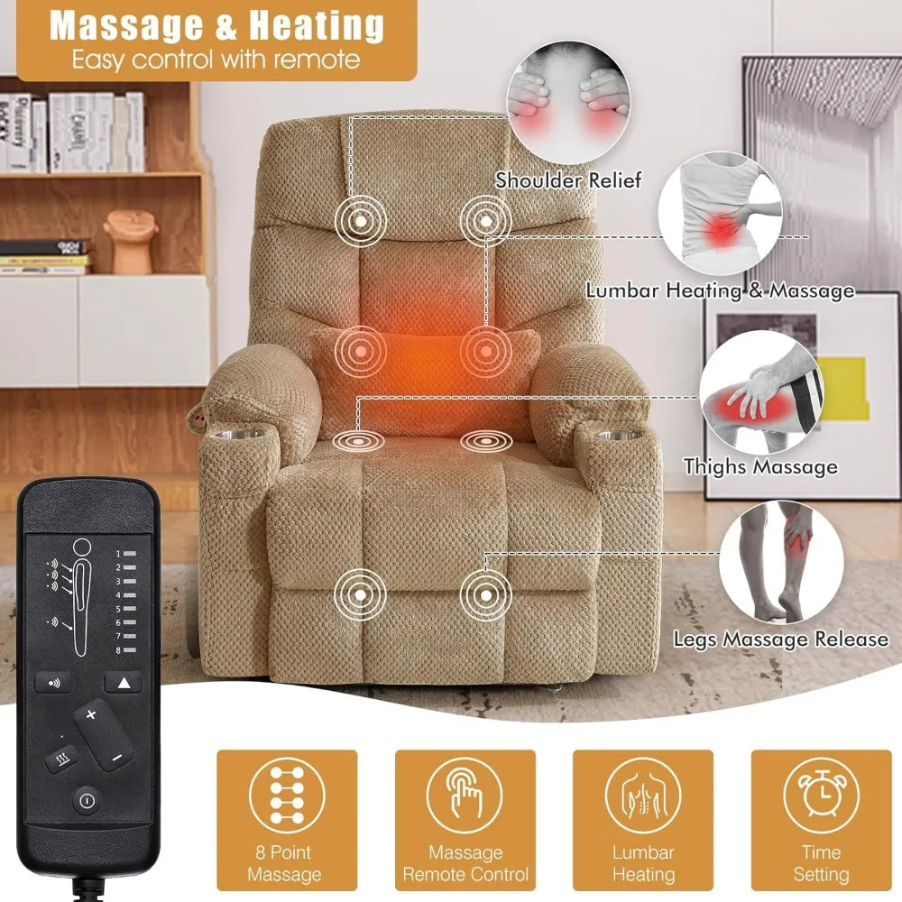 Chair Oversized Power Lift, Recliner Chair with Massage, Heating, Lumbar Pillow, USB & Type-C Ports, for Big & Young and Matured People, Beige