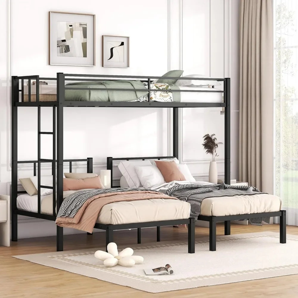 Bunk Beds Black Metal Triple Frame, Twin Over Twin & Twin Bunk Bed with Guardrails, Can Be Separated into 3  Beds for Kids, Bed Frames Only