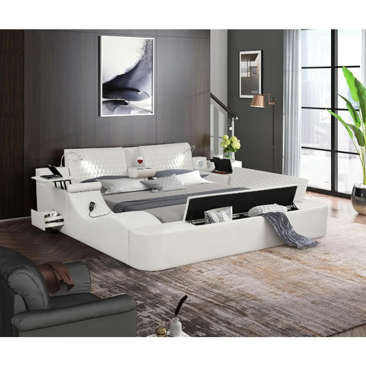 Smart Bed King Size or Queen Size, Multifunctional Leather Bed Frame Massage Recliner/Adjustable Headboard/Music Speaker/USB Port/Storage Space