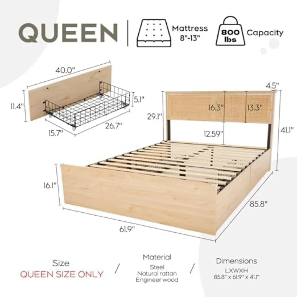 Bed Frame Queen Size with Natural Rattan Headboard and Wooden 4 Storage Drawers, Metal Platform with Strong Wooden Slats Support