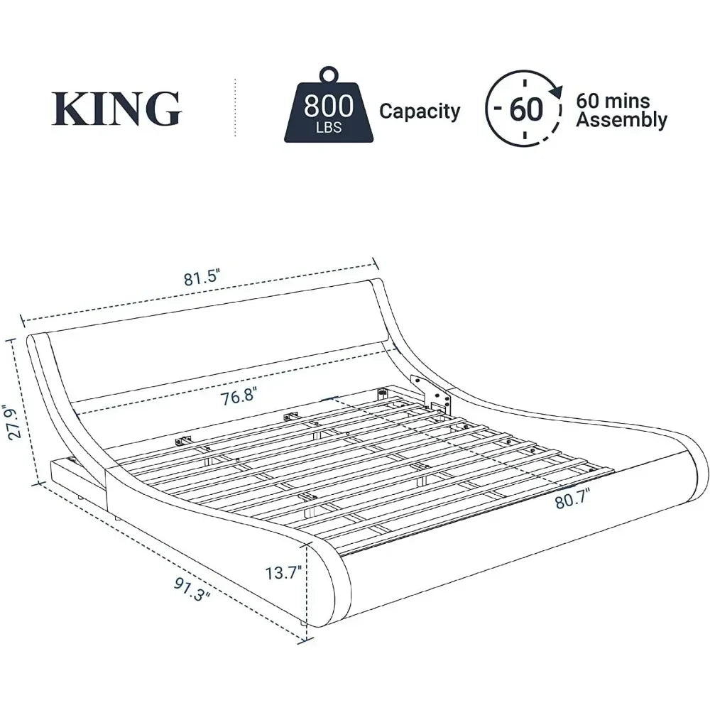 Soft padded oversized platform King Size bed frame, sled bed, artificial leather headboard, wooden board support, easy to assemble