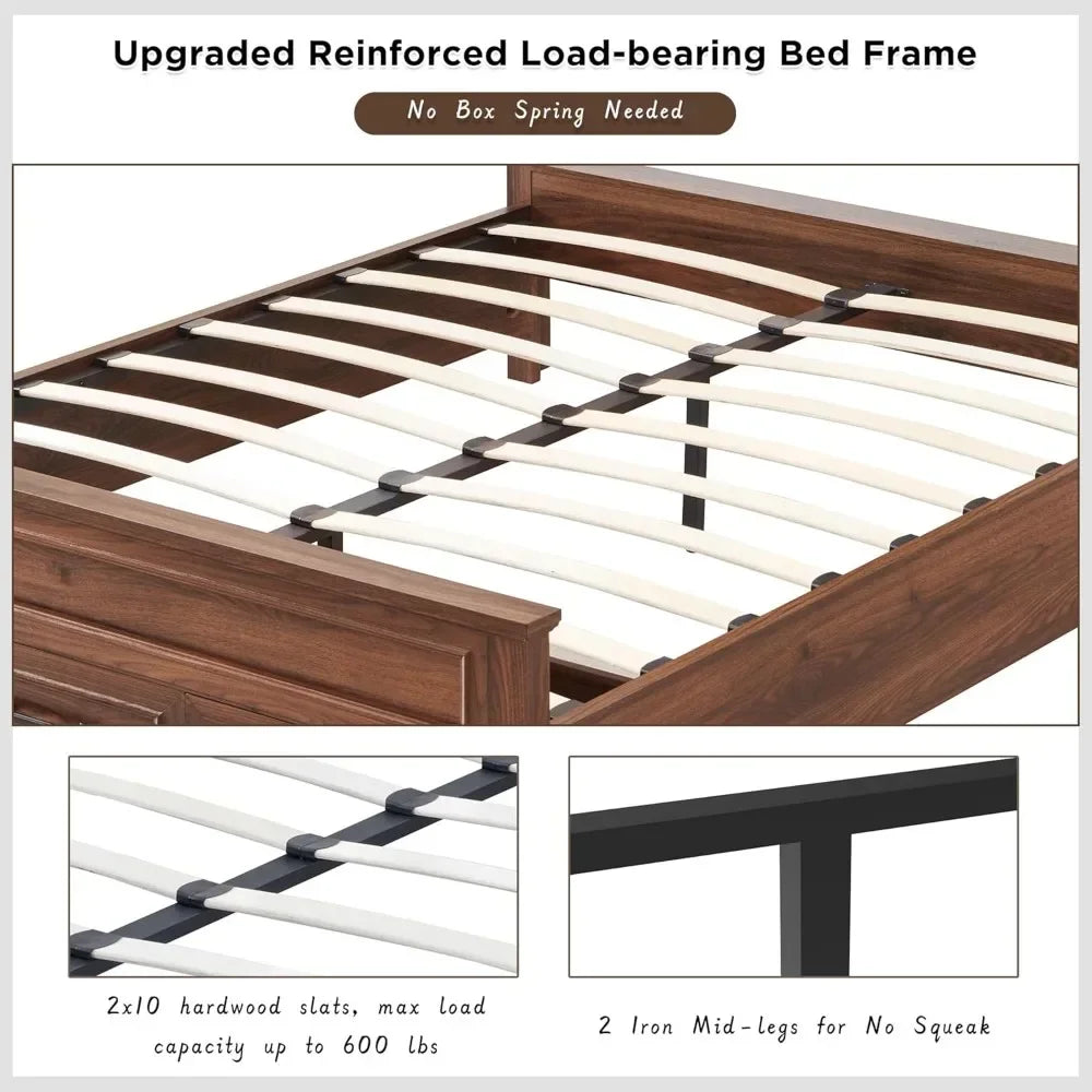 Bed Frame Queen or Full size with 52" Tall Full-Panel Headboard, Wood Platform Bedframe with Footboard and Storage Drawers, No Squeak, No Box Spring Needed