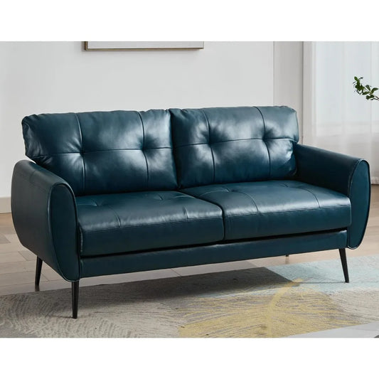 Living Room Sofa Couch 61" Small Loveseat Couches for Living Room Blue Leather Couch Mid Century Modern Tufted Mini Sofa Comfy Office 2 Seat