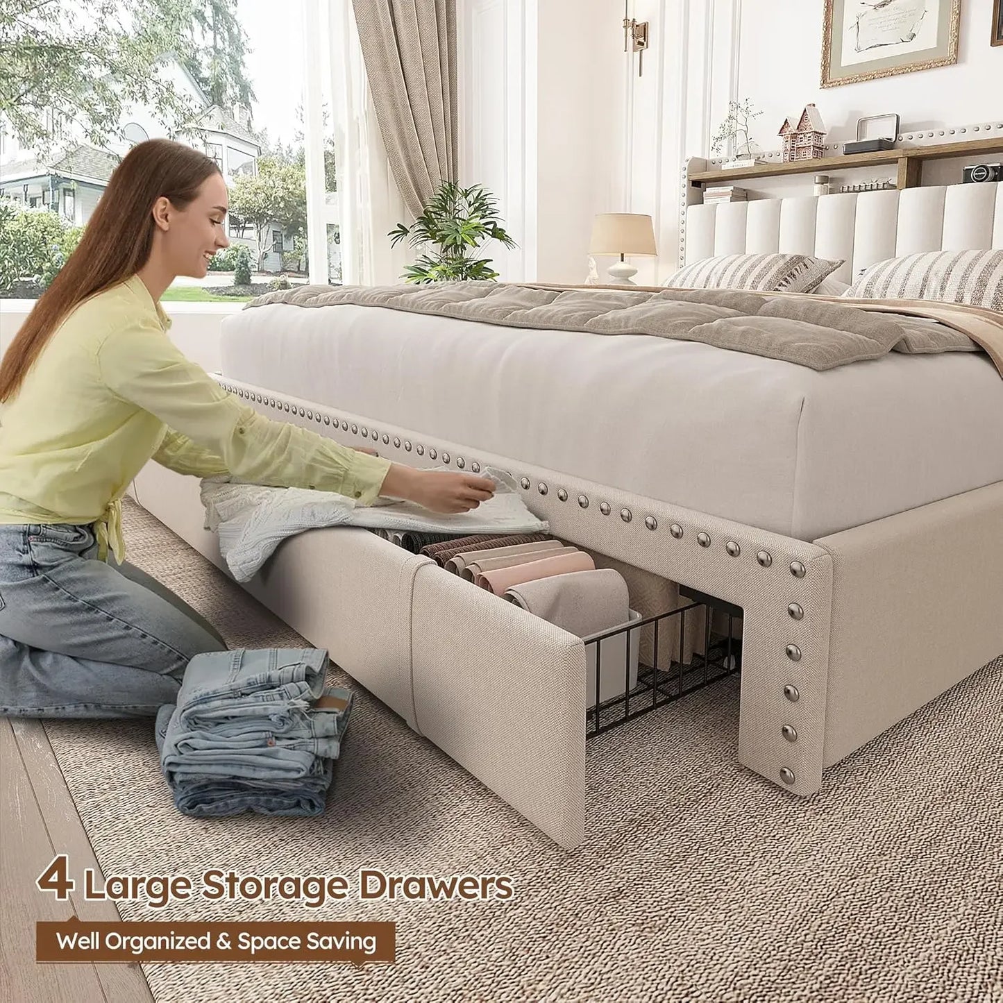 Bed Frame with 3 Drawers, Bed Frame Queen Size with Upholstered Headboard and Storage, 2-Tier Shelves, With Storage