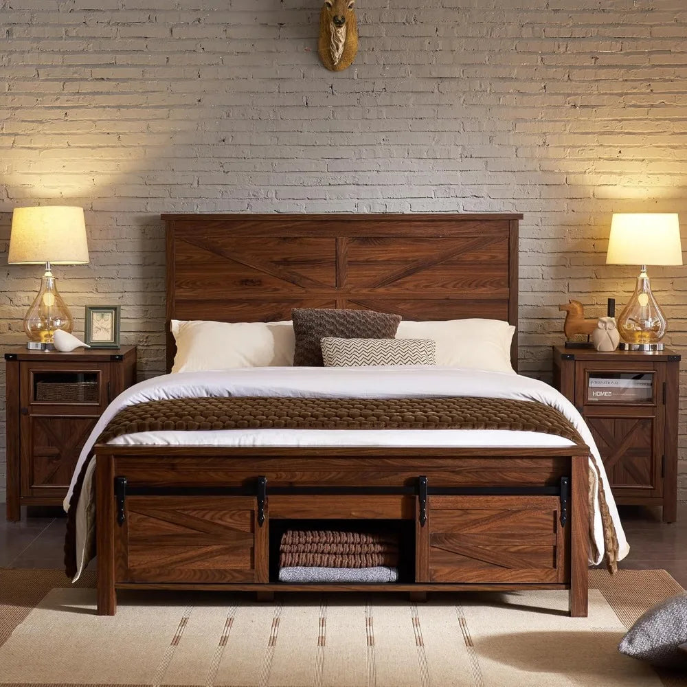 Bed Frame Wood, Queen Size or Full Size  with Sliding Barn Door Storage Cabinets and Headboard, No Box Spring Needed, Bed Frame