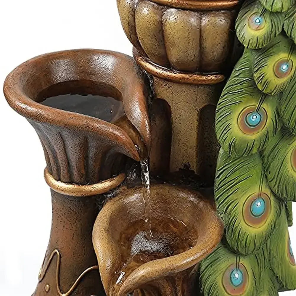 Peacock Pedestal Garden Fountain LED Light Resin Outdoor Urn Water Feature Durable Lightweight Patio Decor 44" Tall Waterfall