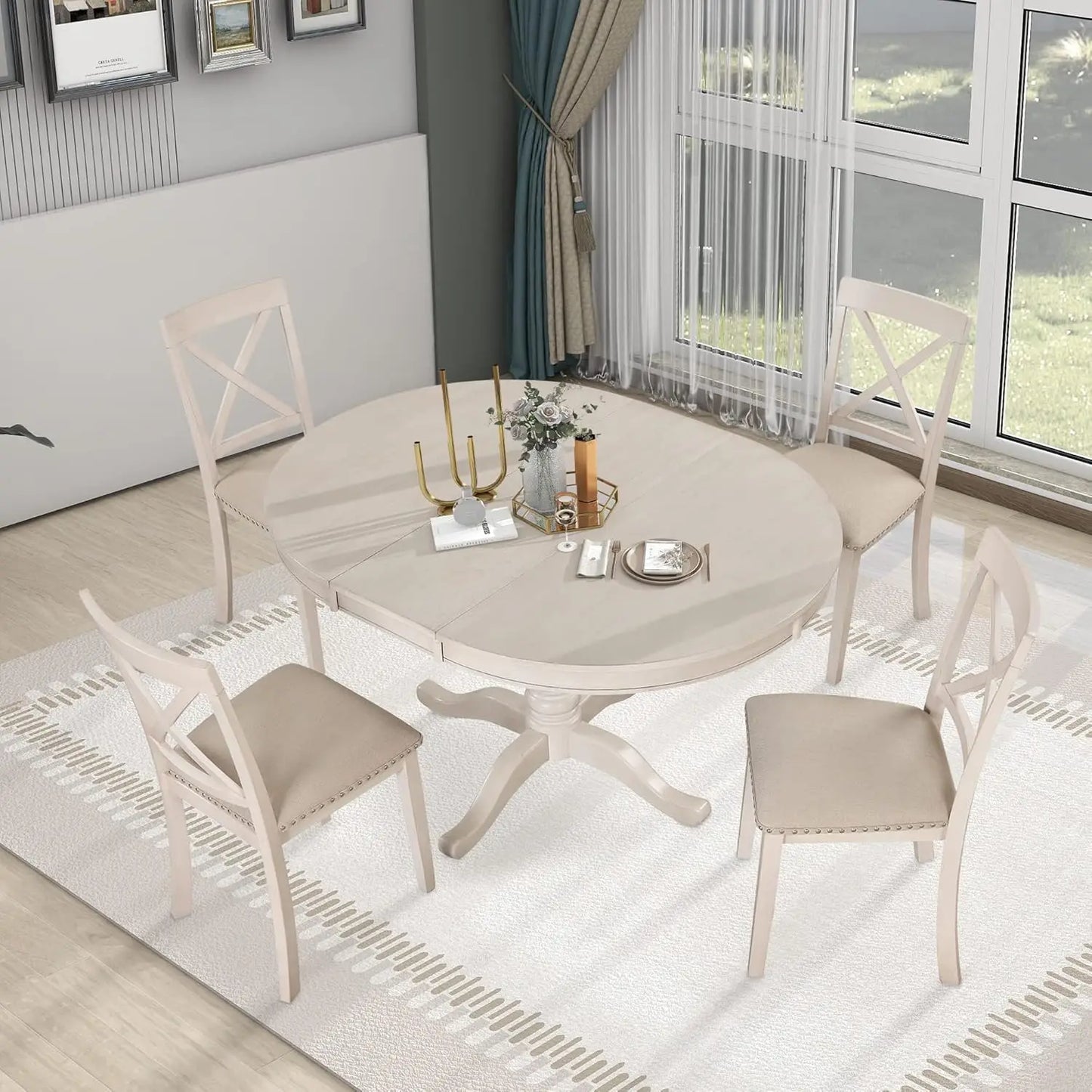 Dining Room Set 5-Piece with Round Extendable Dining Room Table Set for 4-6 Persons, Dinette, Compact Space, Wood Kitchen Round Dining Table