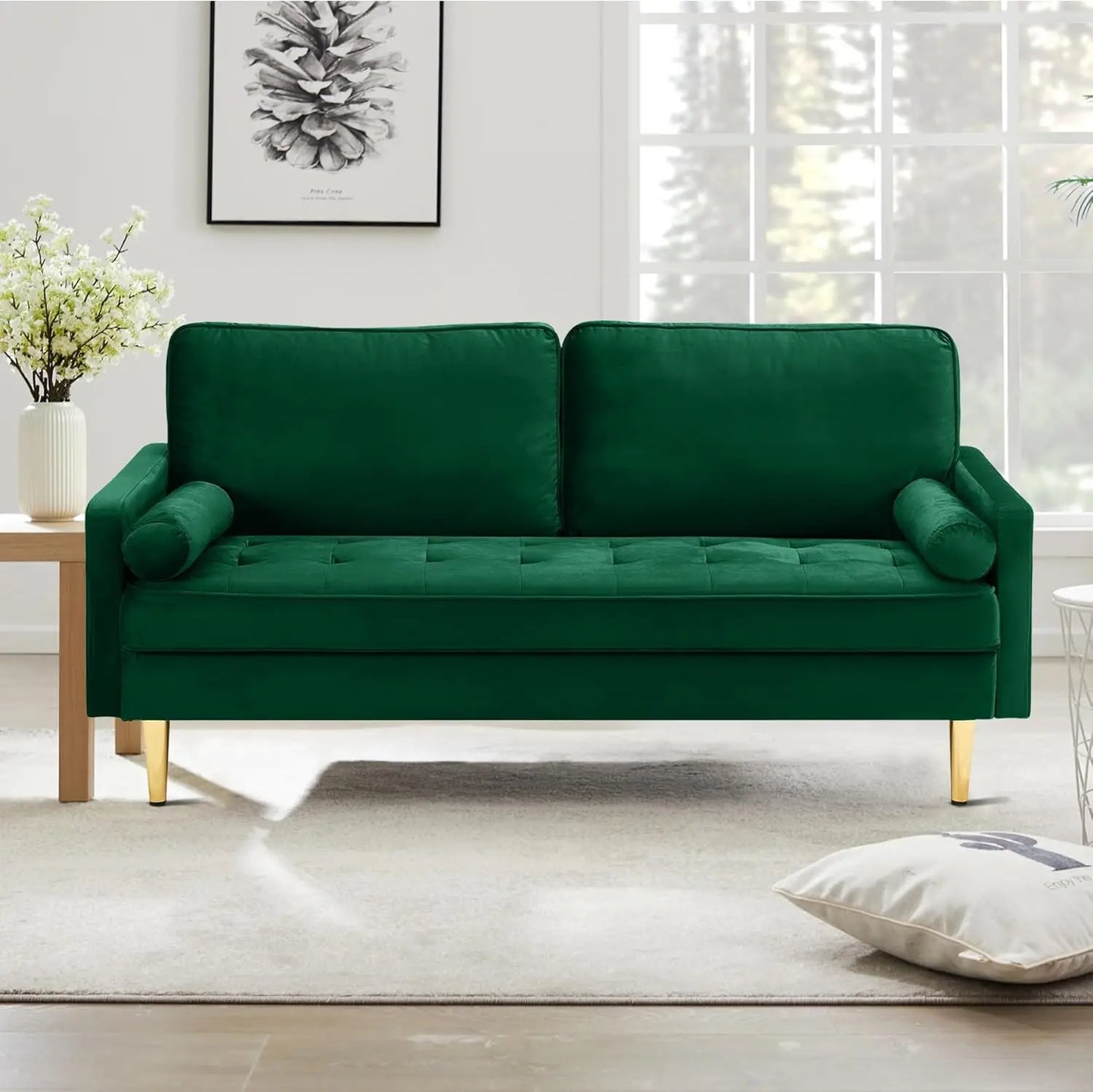 Living Room, Sofa 67" Modern Velvet Loveseat Sofa Couch, Mid-Century Tufted Upholstered Small Love Seat Couch with 2 Pillows & 4 Golden Legs