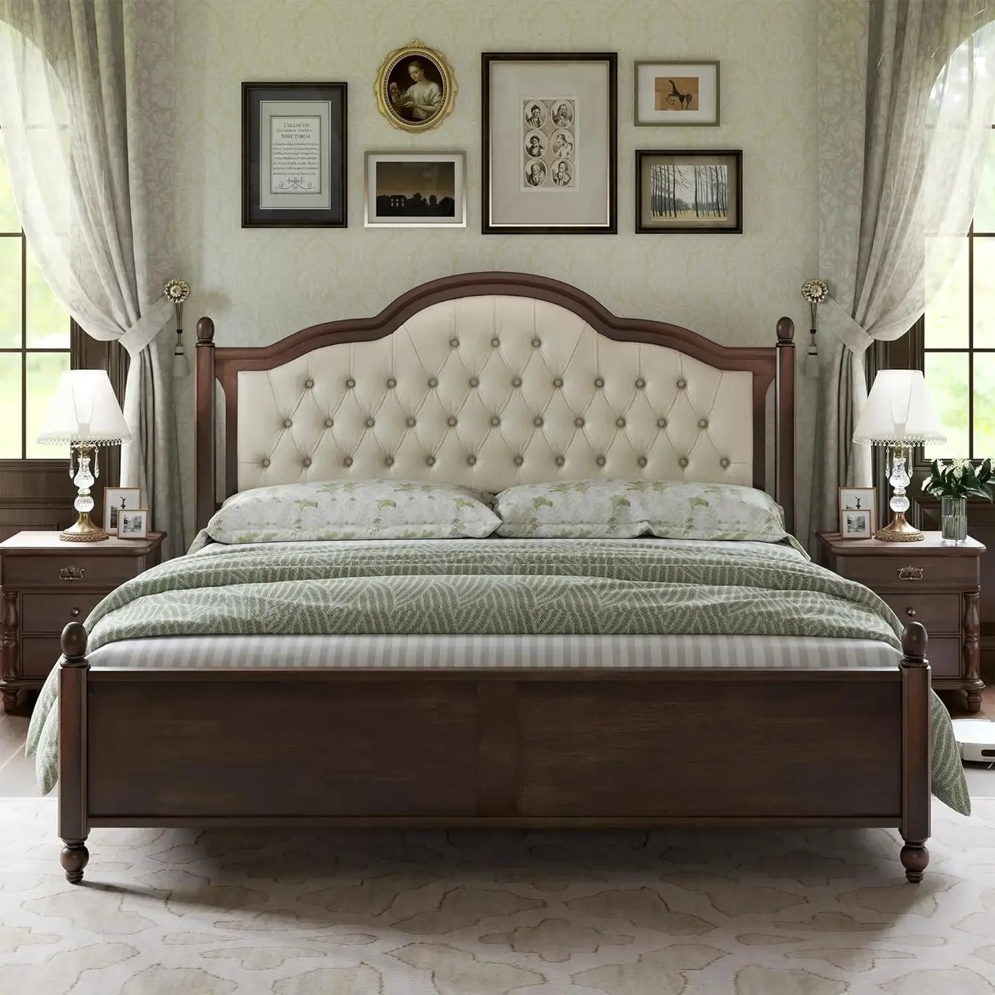 Bed Frame King Size, Solid Wood, Transitional Platform with Headboard, Rubberwood/Roman Column Accents/Wood Slat,Walnut